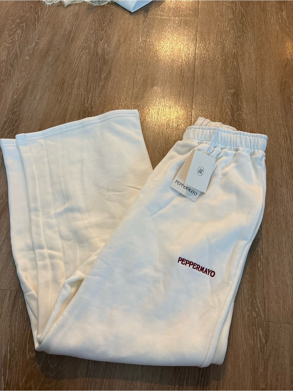 Peppermayo Cream Wide Leg Sweatpants with Red Logo